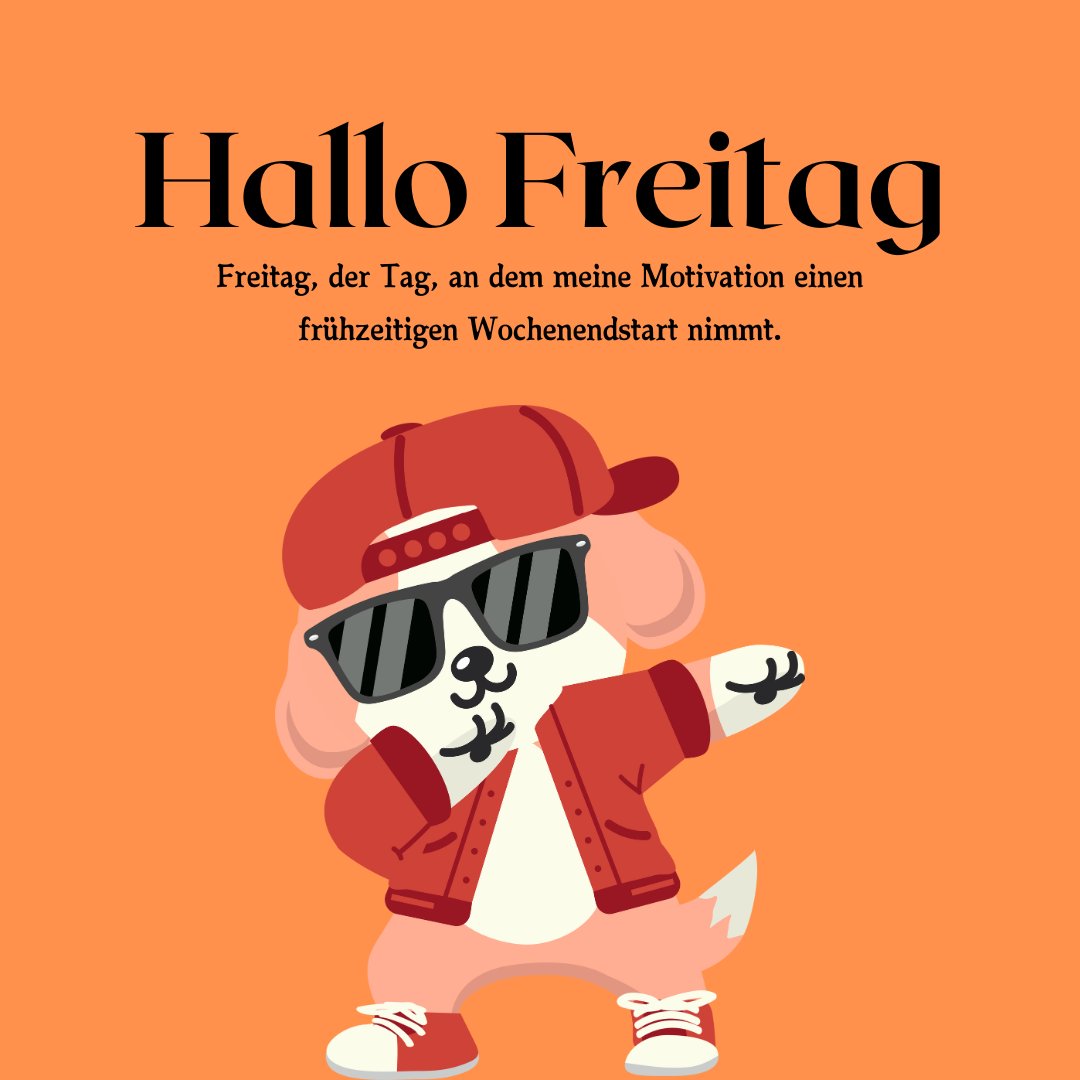 Stilvolle Cartoon-Pudel in roter Jacke und Sonnenbrille tanzt freudig, passend zu 'Frech Freitag Sprüche', symbolisierend den frühen Wochenendstart mit viel Schwung und Motivation.