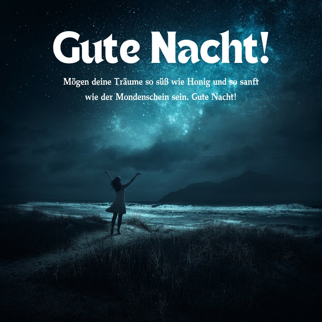 Gute Nacht Grüße, Frau mit ausgestreckten Armen am sternenklaren Strand mit leuchtendem Nachthimmel.