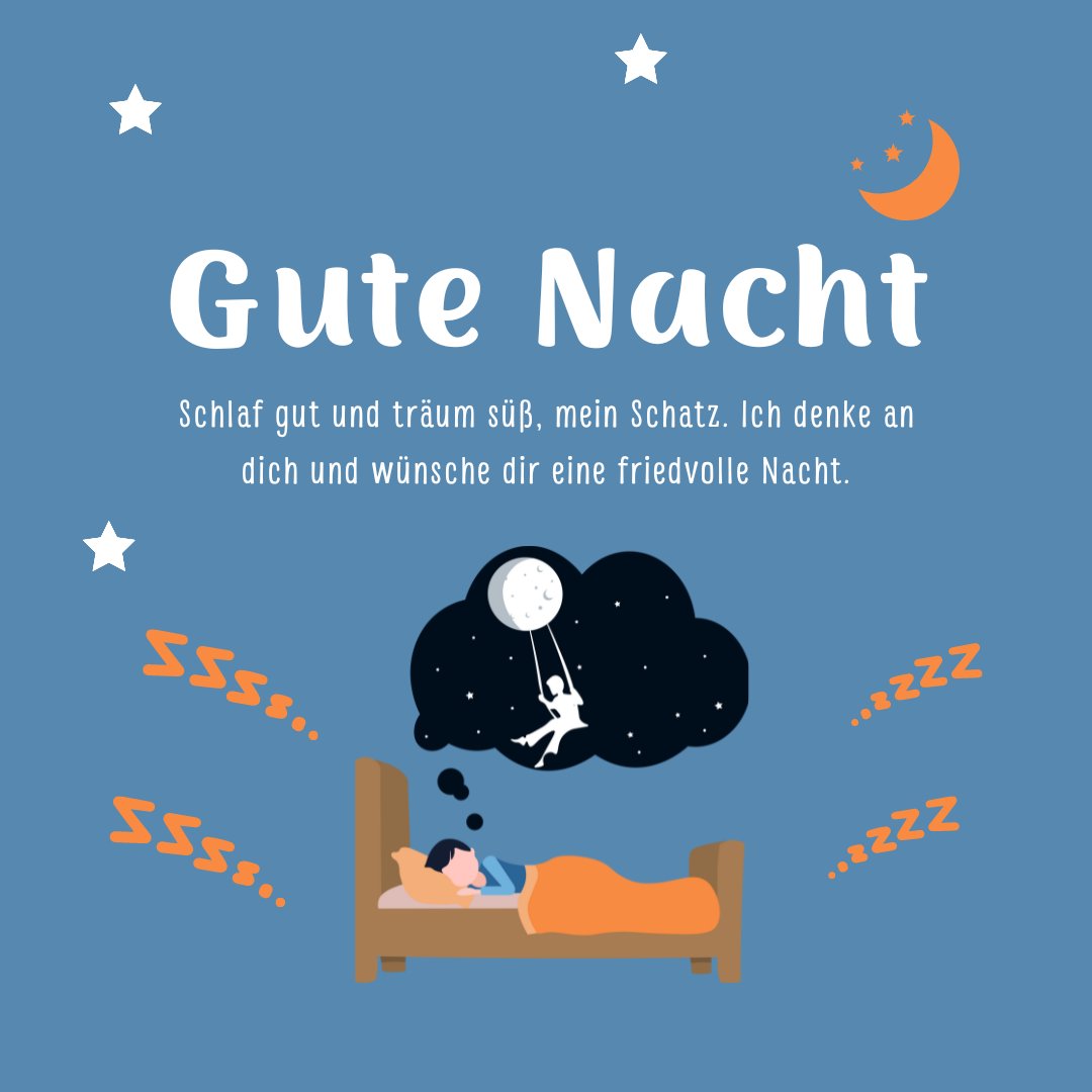 Kostenlose Liebe Gute Nacht Grüße für WhatsApp, Illustration eines schlafenden Menschen mit Träumen von einem schaukelnden Paar unter einem Mond und Sternenhimmel.