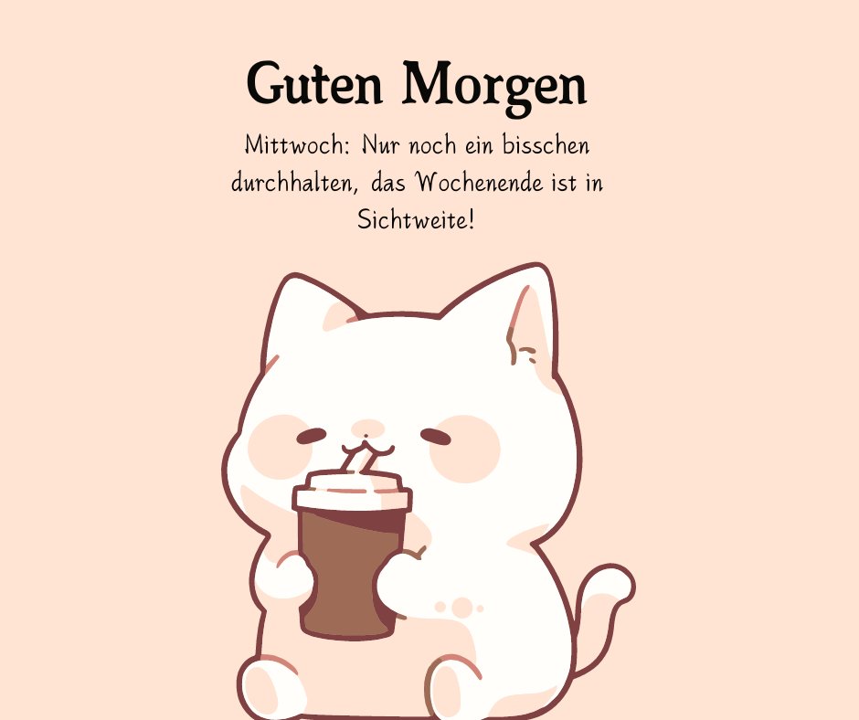 Ein niedliches weißes Kätzchen hält einen Becher Kaffee in den Pfoten. Text: "Guten Morgen. Mittwoch: Nur noch ein bisschen durchhalten, das Wochenende ist in Sichtweite!" Perfekt für motivierende Mittwoch Sprüche zum Teilen auf WhatsApp.