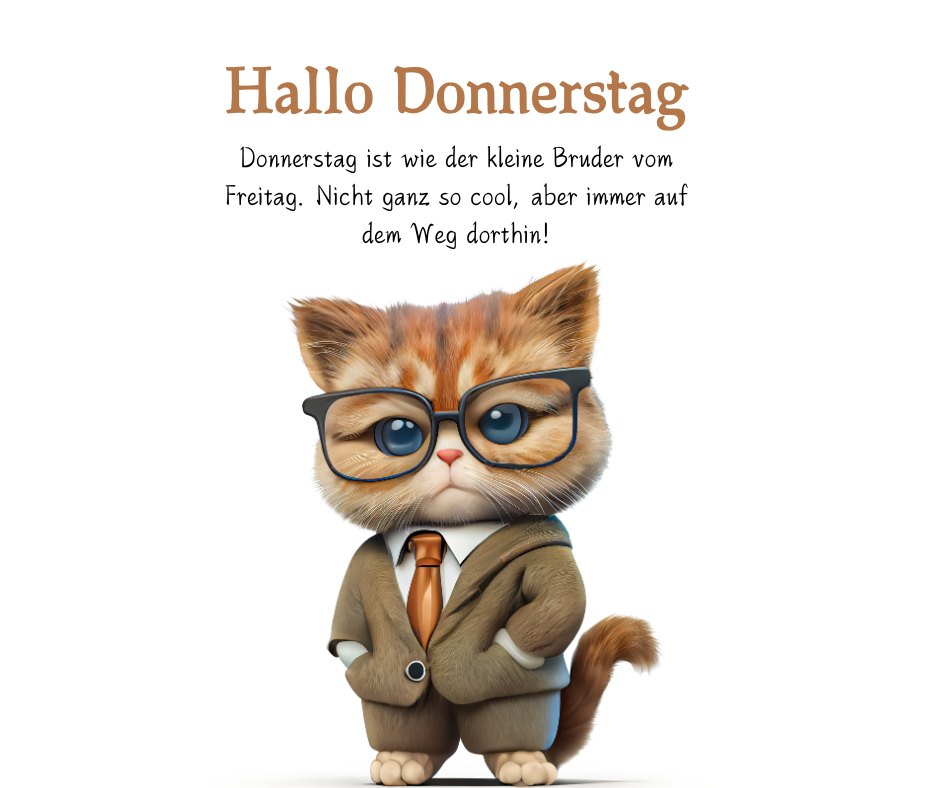 Illustration einer süßen Katze in einem Anzug und mit Brille, die verschmitzt dreinschaut, begleitet vom Text "Hallo Donnerstag. Donnerstag ist wie der kleine Bruder vom Freitag. Nicht ganz so cool, aber immer auf dem Weg dorthin!". Perfekt für freche Donnerstag Sprüche, die humorvoll und charmant sind