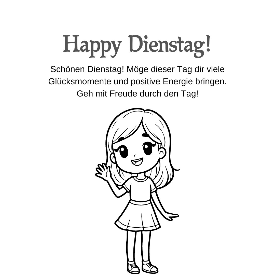 Schwarz-weiß Illustration eines fröhlichen Mädchens, das winkt, vor einem weißen Hintergrund mit dem Text "Happy Dienstag! Schönen Dienstag! Möge dieser Tag dir viele Glücksmomente und positive Energie bringen. Geh mit Freude durch den Tag!" Perfekt für Schönen Dienstag Sprüche für WhatsApp.