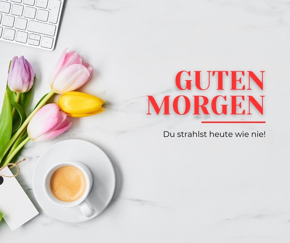 Einen Schönen Guten Morgen Bilder mit einer Tasse Espresso und frischen Tulpen neben einer Tastatur auf einem marmorierten Schreibtisch, inspirierend für einen strahlenden Morgen.