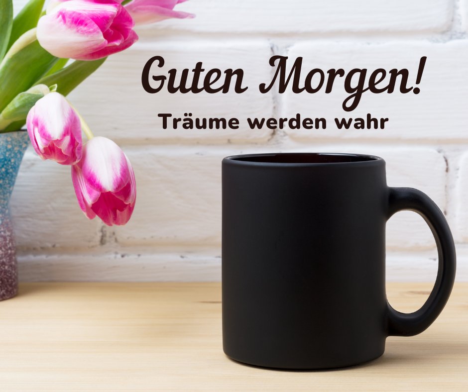 Einen Schönen Guten Morgen Bilder mit einer schwarzen Kaffeetasse und pinken Tulpen, die Hoffnung und Inspiration für den Tag versprechen.