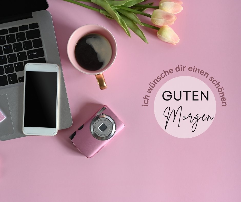 Ich wünsche dir einen schönen Guten Morgen Bilder mit einem Laptop, einem Smartphone, einer Tasse Kaffee und rosa Tulpen auf einem rosa Hintergrund, ideal für einen stilvollen und inspirierenden Start in den Tag.