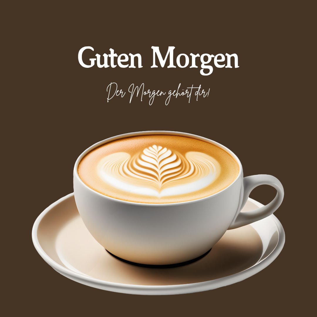 Einen Schönen Guten Morgen Bilder: Cappuccino mit Latte-Art und dem Text „Guten Morgen, der Morgen gehört dir!“