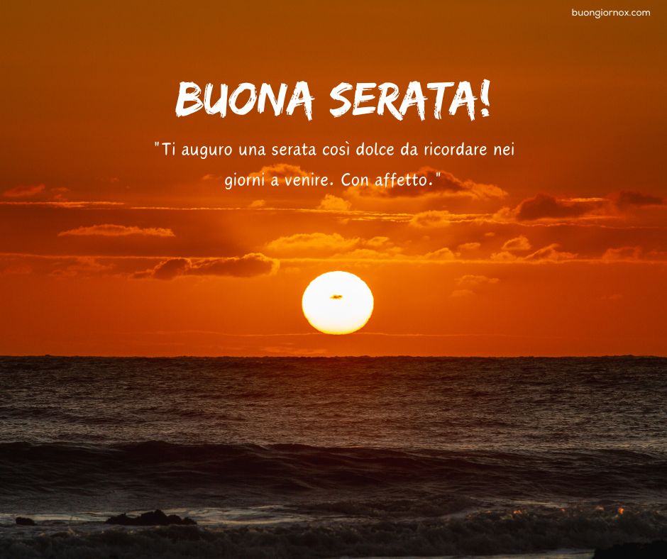Foto di una spiaggia al tramonto con frase 'Buona Serata' sovrapposta