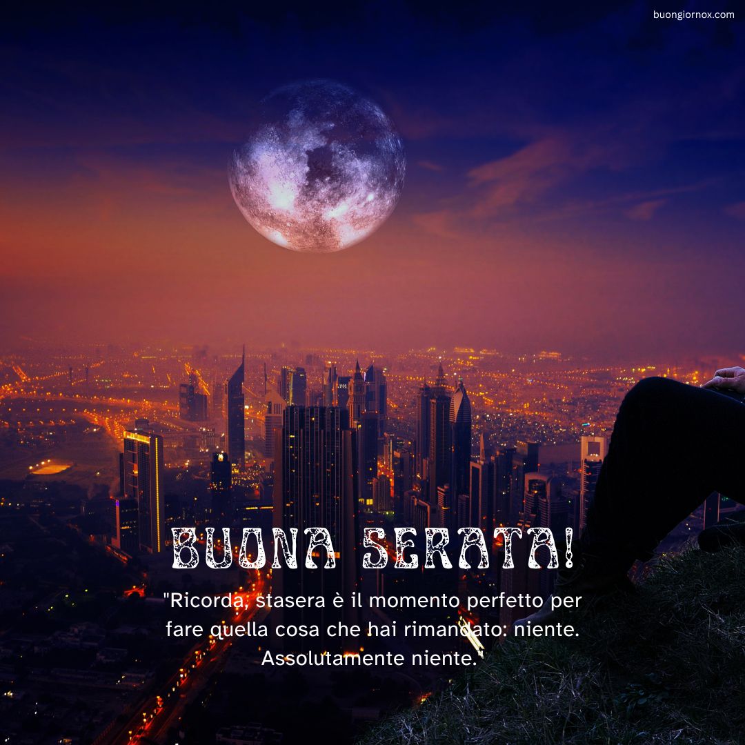Illustrazione minimalista di una luna piena con 'Buona Serata' scritto sotto